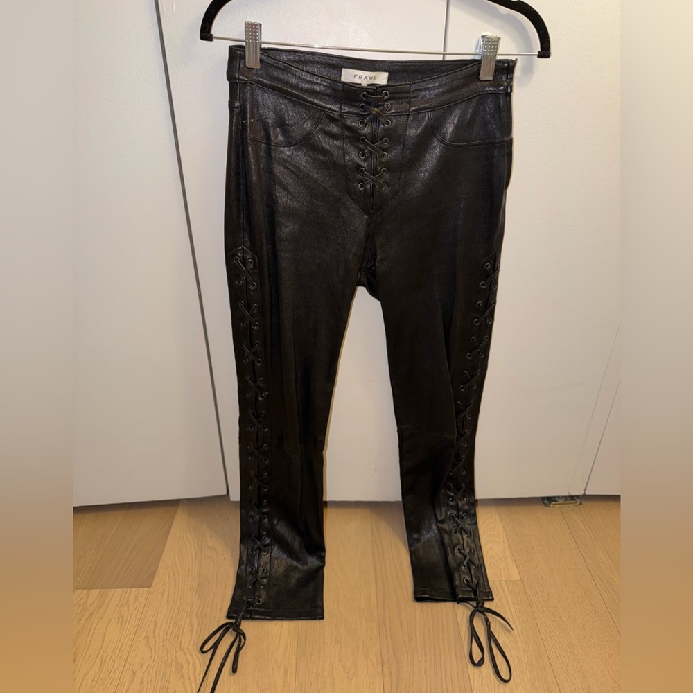 Frame Black Lace-Up Skinny Lamb Leather Pants
